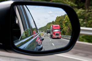 red truck in rearview mirror