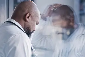 Doctor with head against glass window, looking upset